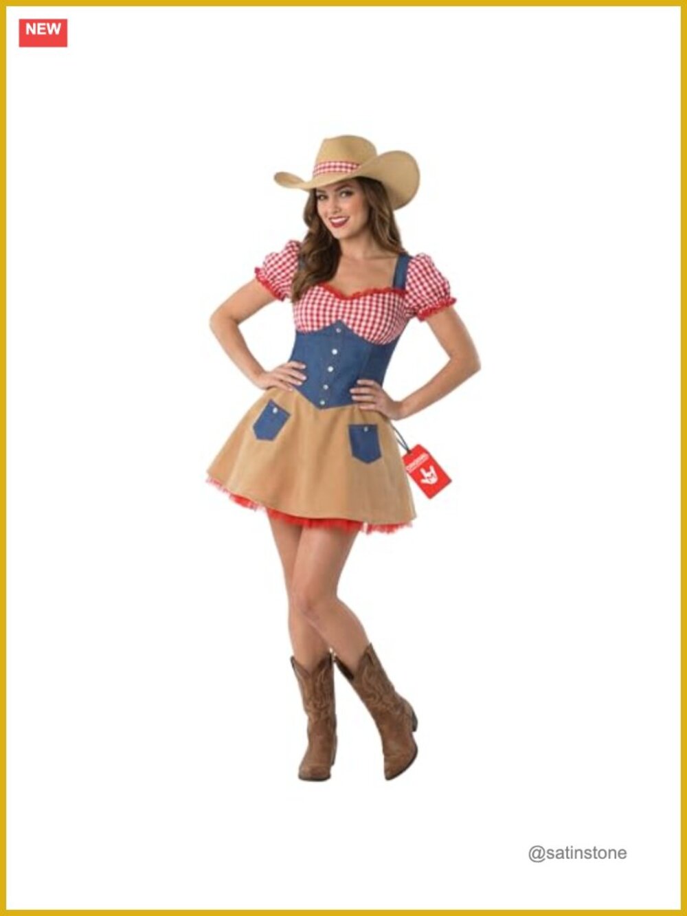 Cowgirl Costume Women Gingham Dress Hat Western Rodeo Halloween